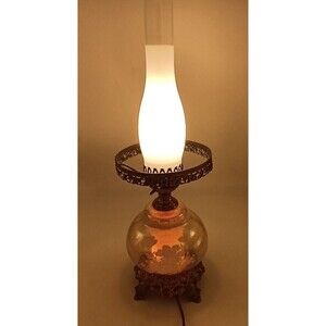 Vtg U L Double Globe 3 way Iridescent Glass White Roses Parlor Lamp Brass Base